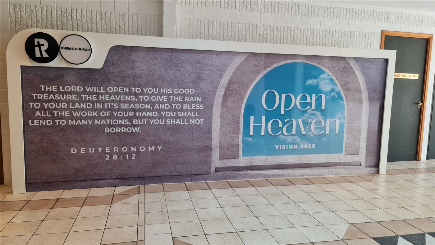 Open Heaven Vision 2026 large format wall graphic for Rhema Church