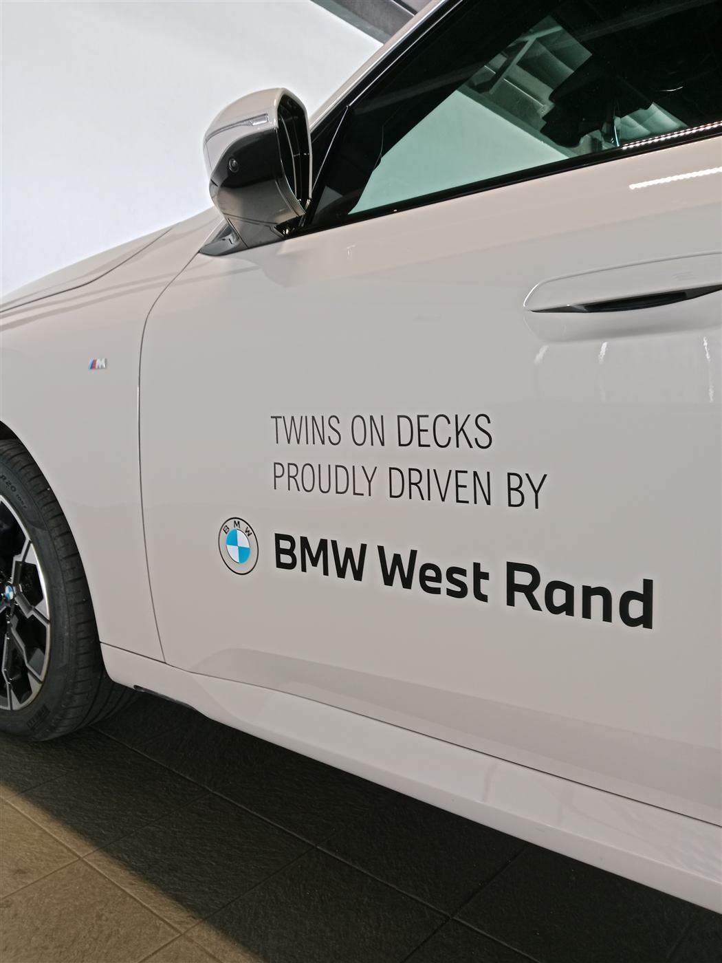 BMW West Rand Twins on Decks sponsorship decal close-up
